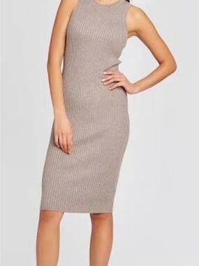 Prologue Ribbed Sleeveless Midi Dress in Taupe Beige
